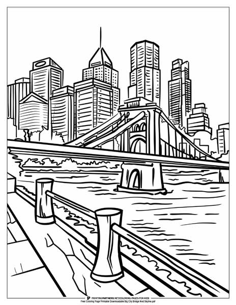 Line art coloring page featuring a bridge and a city skyline with tall buildings.