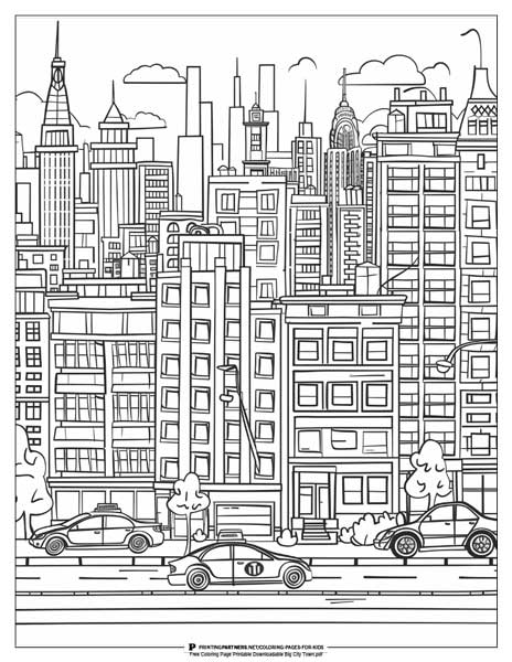 Black and white coloring page featuring a big city skyline with buildings and cars.