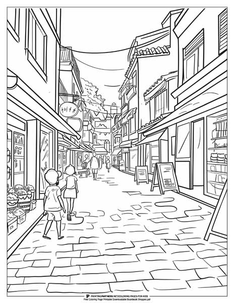 Black and white line art illustration of a boardwalk shopping street with children and storefronts.