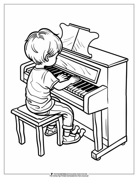 Boy practicing piano coloring page.