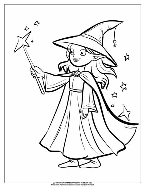Black and white coloring page featuring a girl wizard holding a wand and wearing a pointed hat.