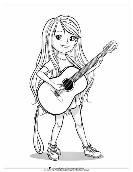 Girl playing guitar in a band coloring page.