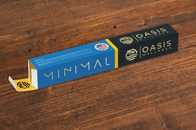 Oasis Wellness packaging box with a minimal design and American flag emblem.