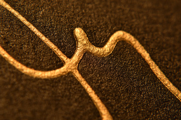 Close-up view of a foil stamped design on a textured surface.