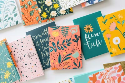 A collection of various custom greeting cards with colorful floral designs and patterns.
