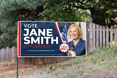 Political yard sign promoting Jane Smith for City Council with a vote date and website.