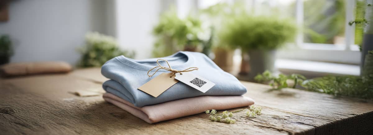 Two folded shirts with custom printed hang tags attached on a wooden surface.