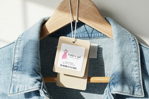 Custom size and shape hang tag attached to a denim jacket on a wooden hanger.