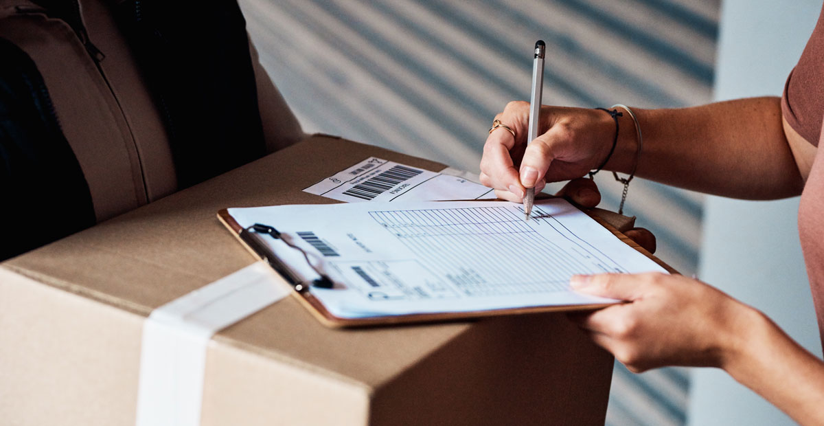 Hands, delivery man and sign paper by door, courier service and invoice for shipment order. Clipboard, woman and ecommerce distribution for commercial export, box and form for customer logistics