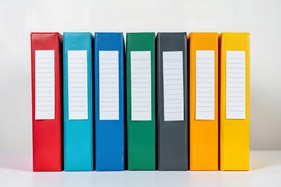 Row of custom binders in red, blue, green, black, and yellow with blank labels on the front.