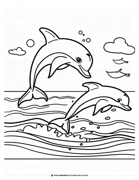 Two dolphins jumping out of the ocean in a coloring page illustration.