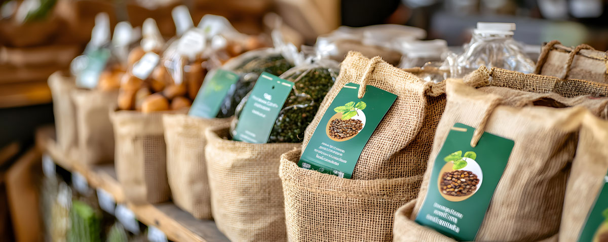 Bags of coffee and herbs with eco-friendly labels displayed on a shelf.