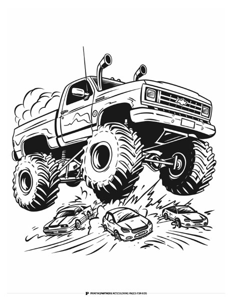 Monster truck flying over cars coloring page.