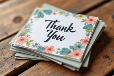 Thank you greeting card featuring floral decorations and a bold black font on a white background.