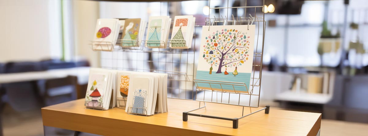 A display of various greeting cards arranged on a wire rack in a well-lit setting.