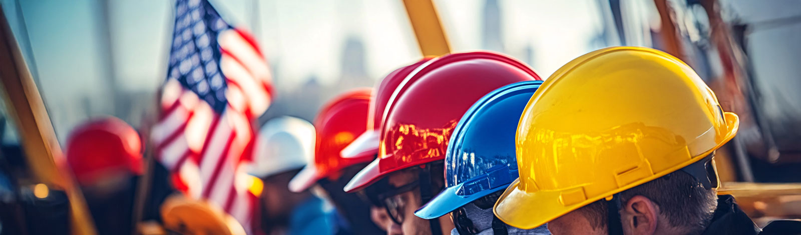 Row of colorful hard hats including red, blue, and yellow worn by construction workers.