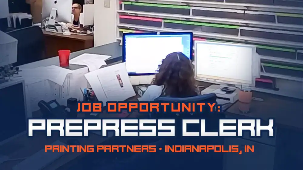 Job opportunity for Prepress Clerk at Printing Partners in Indianapolis, IN, displayed on a computer screen.
