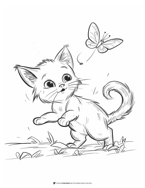 A line drawing of a kitten chasing a butterfly, suitable for coloring.