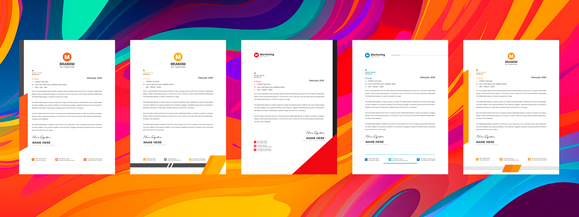 Various letterhead designs featuring colorful backgrounds and different layouts.