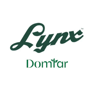 Lynx logo in green script above Domtar logo in green text.