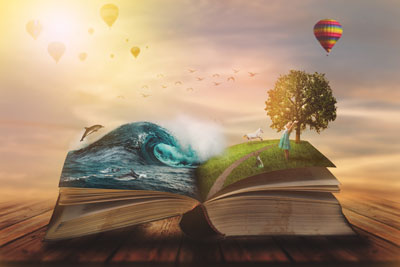 An open book featuring a wave, a tree, and hot air balloons in a surreal illustration.