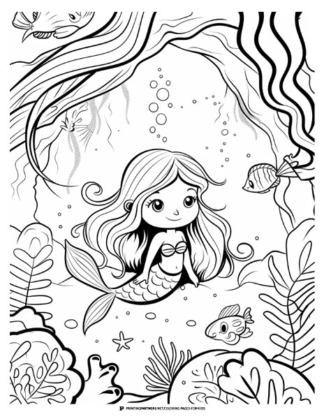 Black and white coloring page featuring a mermaid surrounded by fish and underwater plants.