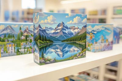 Puzzle box featuring a mountain landscape with a lake and trees in a colorful design.