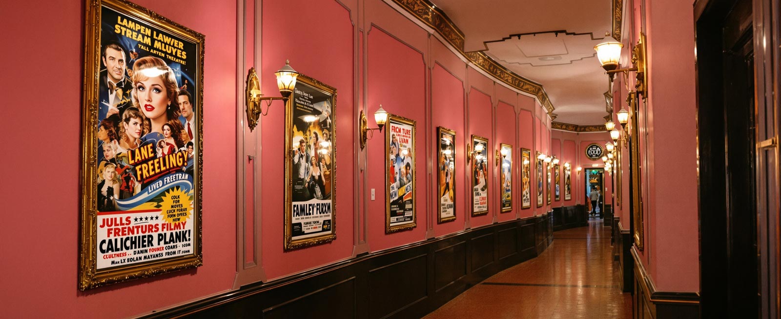 A hallway featuring various vintage movie posters framed on pink walls with decorative lighting.