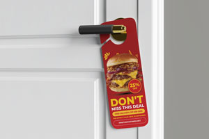 A red door hanger featuring a burger image and a promotional offer for a discount.