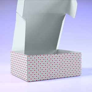 Open white packaging box featuring a pattern of red dots on the sides.