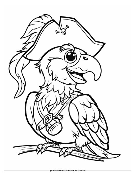 Black and white illustration of a pirate parrot wearing a hat and eyepatch, sitting on a branch.