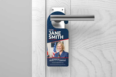 Custom doorhanger for a political campaign featuring a candidate's name and photo.