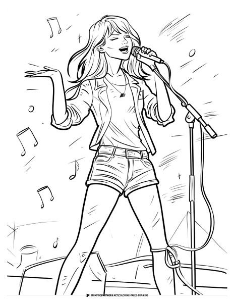 Line art illustration of a female pop star singing into a microphone on stage.