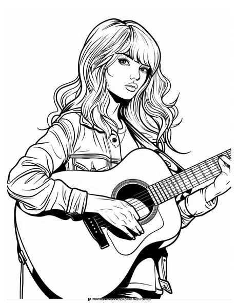 Line art illustration of Park Hye-min playing an acoustic guitar with long hair.