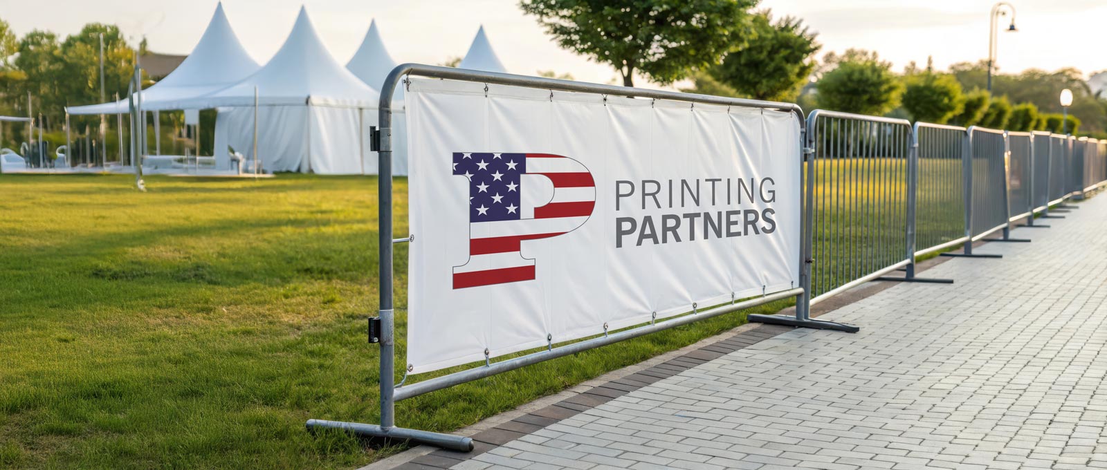 Barrier cover banner displaying the Printing Partners logo with an American flag design.