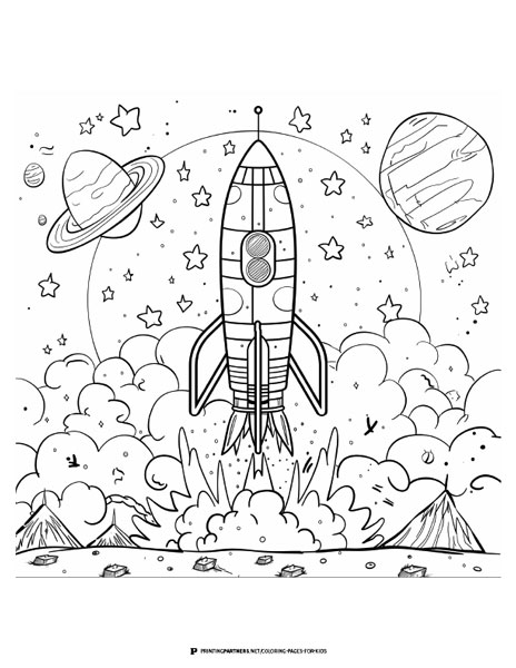 Black and white illustration of a rocketship blasting off with planets and stars in the background.
