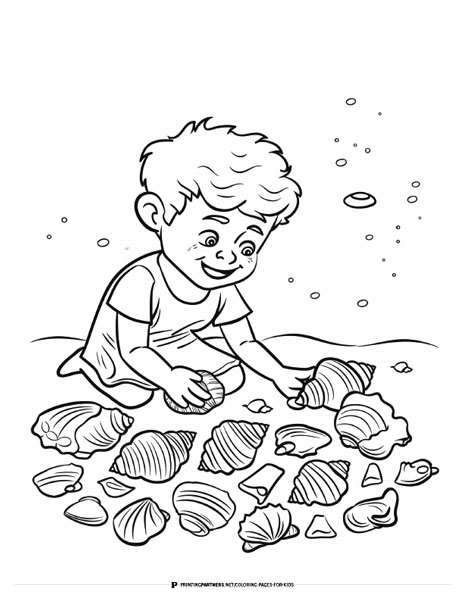 A boy sitting on the ground, coloring seashells in a coloring page illustration.