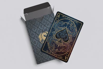 Custom playing card featuring an Ace of Spades design in a decorative box.