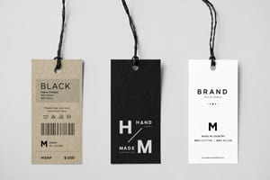 Three hang tags in different colors with string options for attachment.