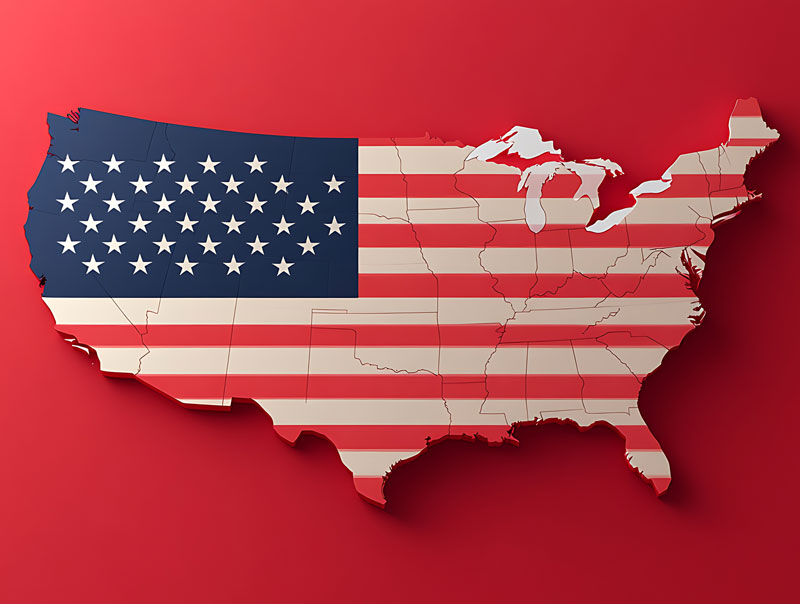 Map of the United States featuring the American flag design on a red background.