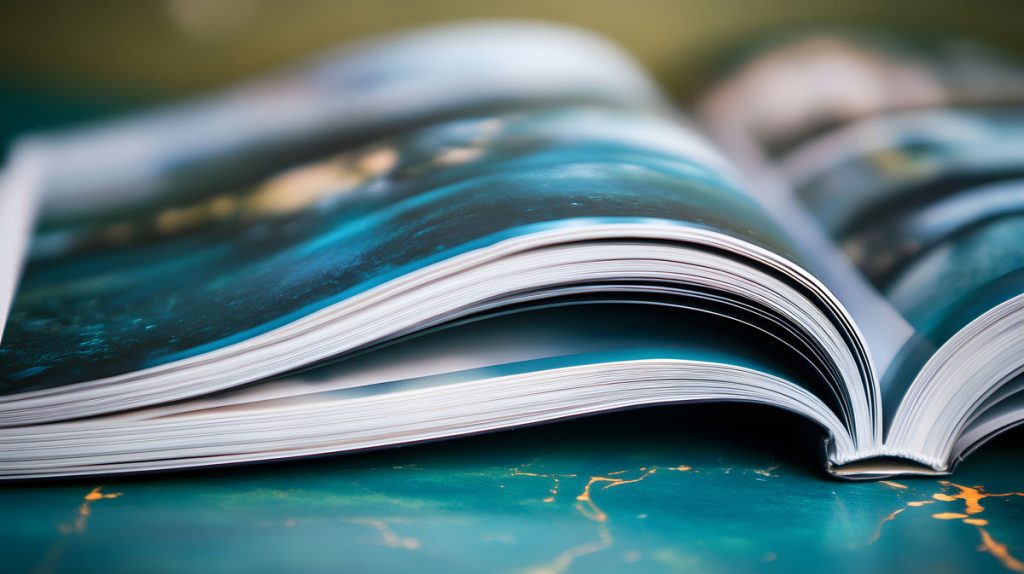 Close-up view of an open magazine displaying colorful pages and glossy paper.