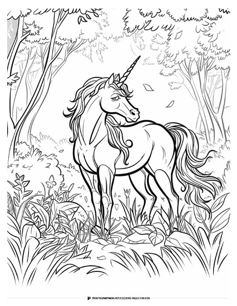 Line art illustration of a unicorn standing in a forest with trees and plants.