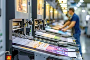 Printing machines in operation with printed materials being processed in a printing facility.