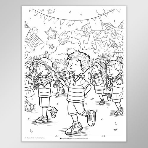 Black and white coloring page featuring children playing instruments in a parade setting.