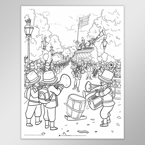 Black and white coloring page featuring a parade with musicians and a flag.