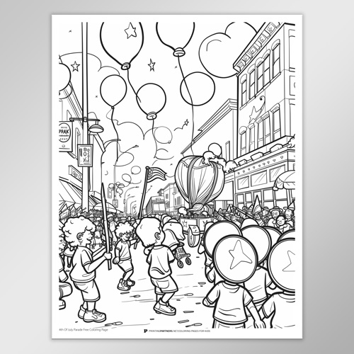 Black and white coloring page depicting a 4th of July parade with children holding balloons and flags.
