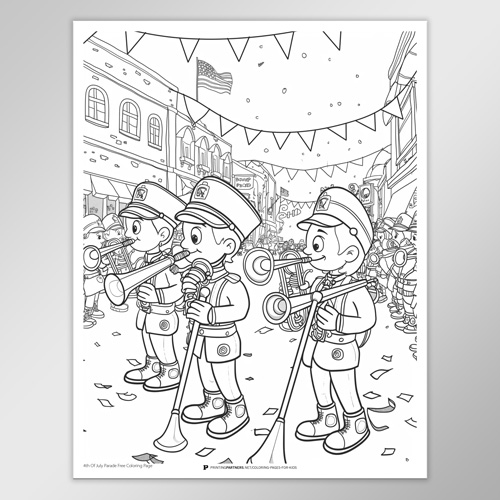 Black and white coloring page featuring three cartoon characters playing trumpets in a parade.