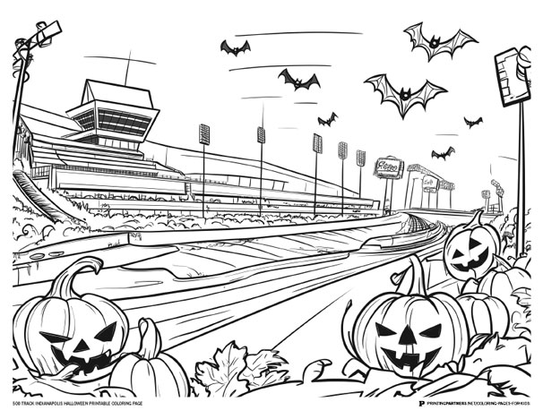 Black and white coloring page featuring a racetrack with pumpkins and bats for Halloween.