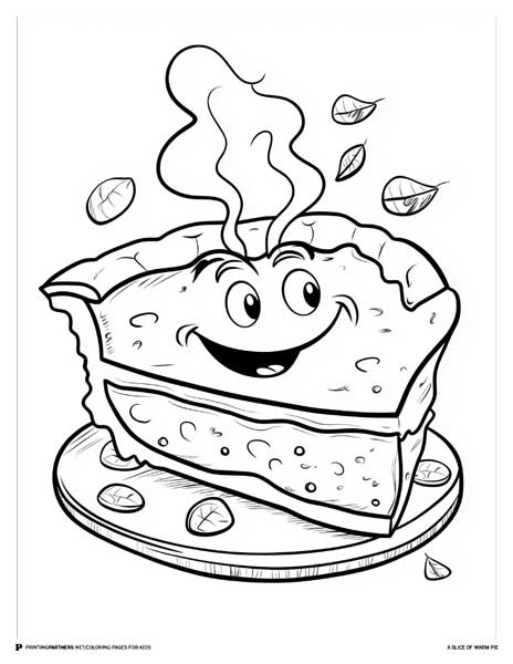 Black and white illustration of a smiling slice of pie with steam and leaves around it.