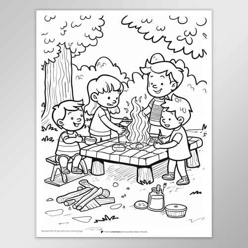 Black and white coloring page featuring children around a campfire at a picnic table.